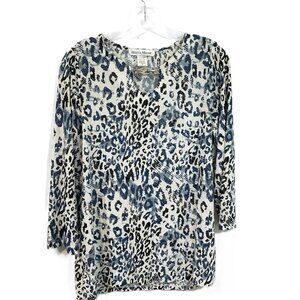Rebecca Malone Animal Print Blouse Keyhole Neck Black Blue White Glitter Sz S